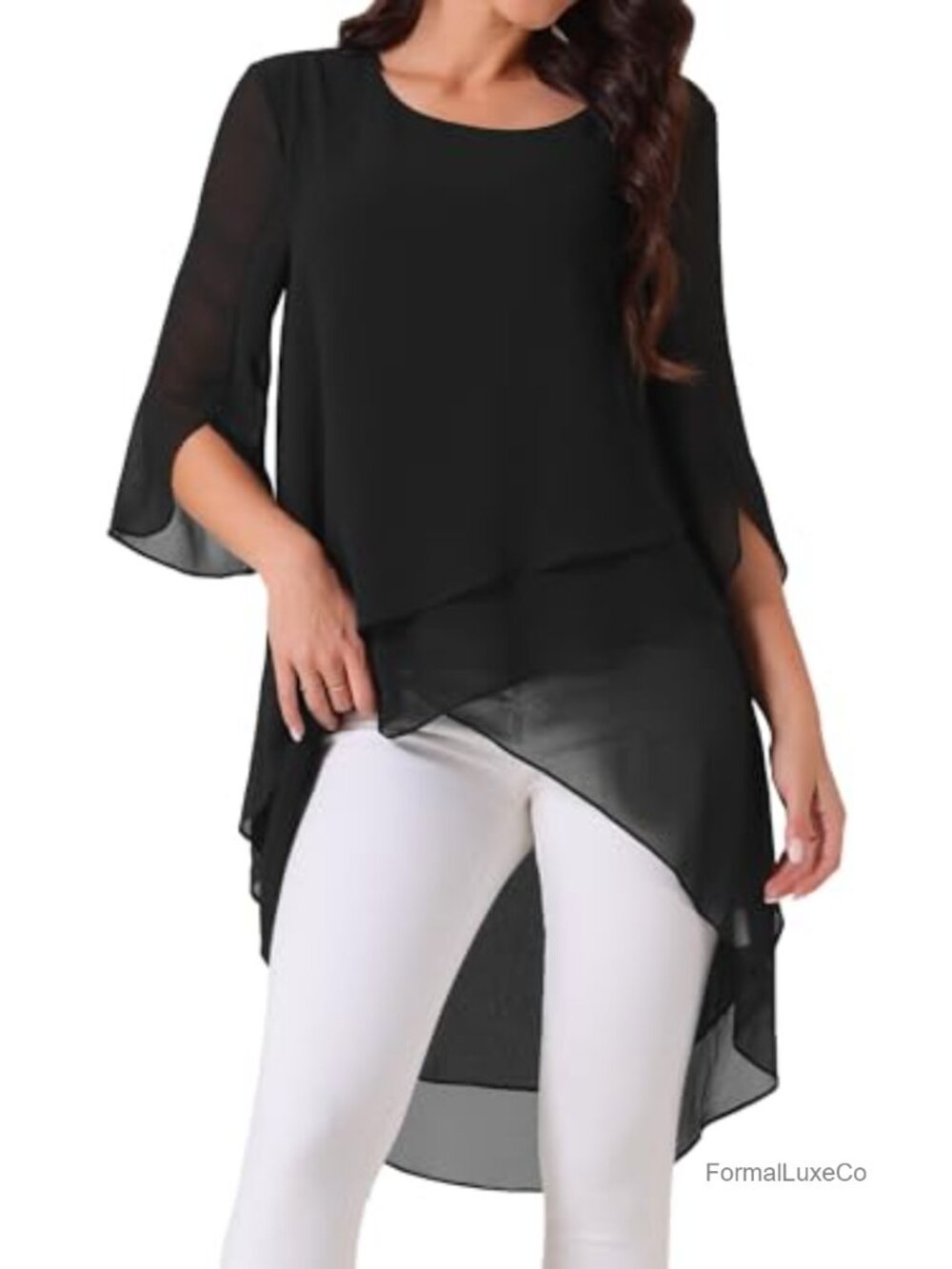 High Low Chiffon Blouse 3/4 Bell Sleeve Asymmetrical Tunic Top